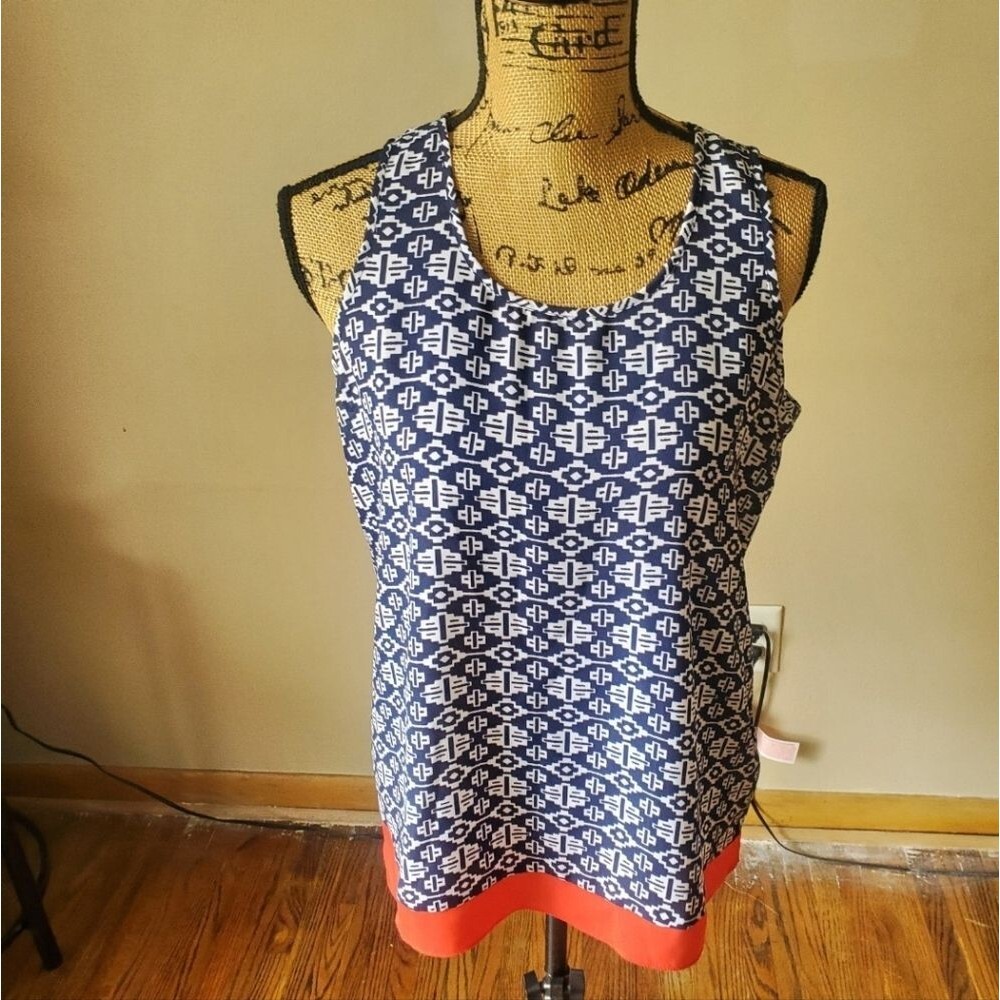 Zac & Rachel Geometric Tank Top Medium Blue Graphic Print Cami Boho Scoop Neck